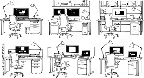 Comprehensive collection of modern office workstations showcasing various computer desk setups with ergonomic chairs, task lamps, and efficient storage solutions
