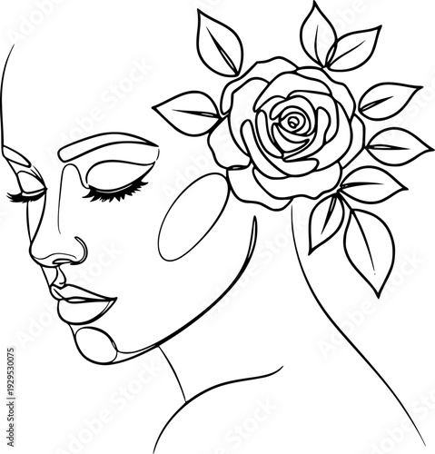 Elegant minimalist one line drawing of a womans face with a rose and leaves, suitable for modern branding, beauty product packaging, feminine lifestyle blogs, or decorative wall