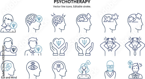 Vector line icons for psychotherapy clinical psychology emotional processing mental health counseling and psychiatric wellness services