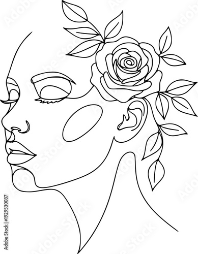 Elegant minimalist one line drawing of a womans face with a rose and leaves, suitable for modern branding, beauty product packaging, feminine lifestyle blogs, or decorative wall