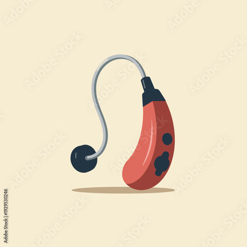 modern hearing aid icon in red and black colors on neutral background, flat illustration for medical websites, audiology blogs and health care presentations