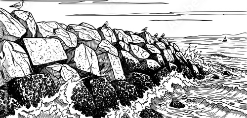 Detailed hand drawn line art depicting a robust rock barrier or seawall at the waters edge, showcasing coastal defense and marine interaction for educational materials
