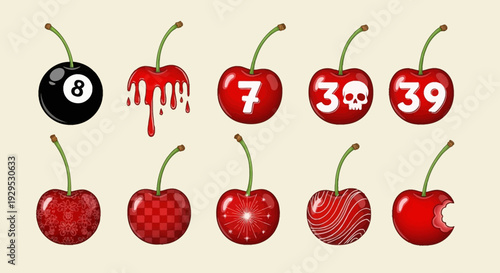Set of colorful cherry icons with numbers and billiard ball.
