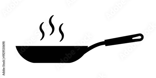 A black frying pan with a handle and steam rising from the center. isolated on transparent background