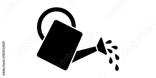 A black and white illustration of a watering can pouring water. isolated on transparent background