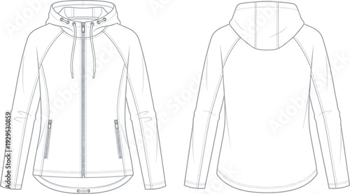 "Technical flat sketch of modern hooded jacket with zipper closure, drawstring hood, raglan sleeves, zippered pockets, curved hemline, and detailed front and back construction views"