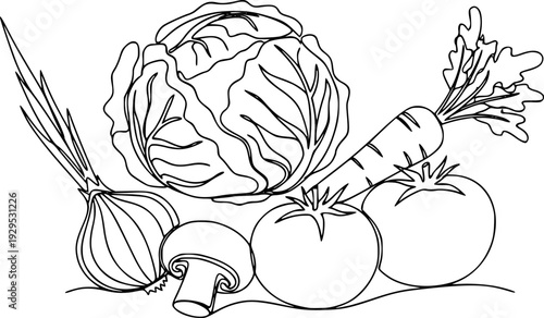 A minimalist continuous line drawing depicting fresh cabbage, carrot, onion, tomato, and mushroom, perfect for culinary content, healthy eating promotions, and foodrelated branding.