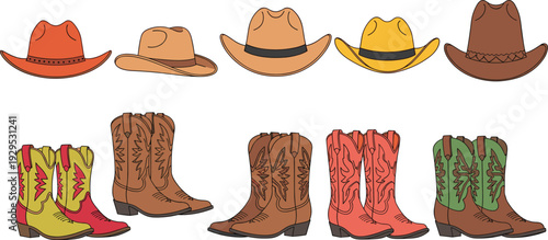 Cowboy Hat and Western Boots Vector Set with Rustic Leather Footwear and Country Style Headwear for Rodeo, Ranch, and Wild West Design.