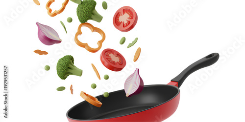 A vibrant display of fresh vegetables and herbs being cooked in a red frying pan. isolated on transparent background