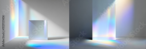 Two stark white rooms, prism-like objects create spectral refractions of light