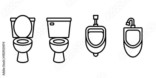 Illustration of various toilet designs and their respective cisterns isolated on transparent background