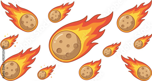 Fiery Meteorite Set – Flat Vector Meteor Icons Isolated on White Background