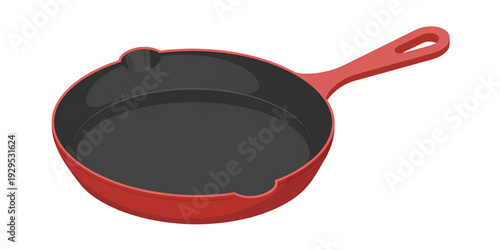 A red frying pan with a black non-stick surface and a red handle isolated on transparent background