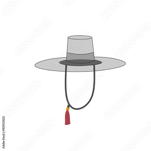 traditional Korean men's hat known as a gat, characterized by its wide brim and semi-transparent black crown. Crafted from finely woven bamboo and coated with horsehair, this ligh