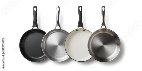 A set of four stainless steel pans with glass lids on a white background isolated on transparent background