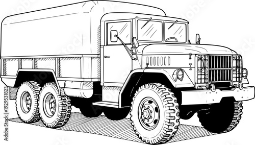 Detailed ink sketch of a classic army transport vehicle with heavy duty tires and enclosed bed 