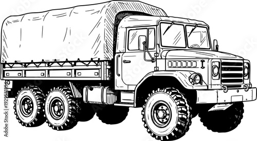 Detailed ink sketch of a classic army transport vehicle with heavy duty tires and enclosed bed 