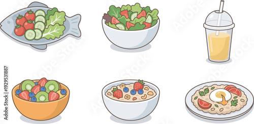 Illustration of healthy food variety including salad, fruit bowl, oatmeal, porridge, and smoothie, symbolizing nutrition, wellness, balanced diet, and fresh lifestyle eating concept