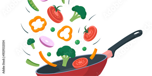 A vibrant wok filled with colorful vegetables being cooked with a red spatula isolated on transparent background