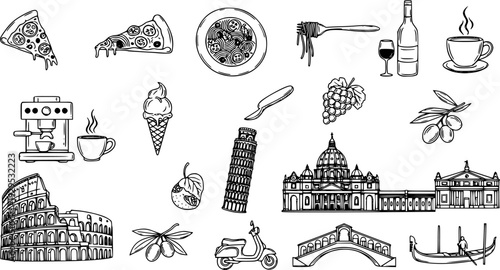 Italian Food and Landmark Icons Collection. Vector hand drawn illustration