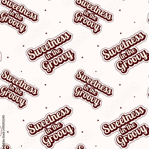 Seamless pattern with coffee shop text in a vintage groovy style, in brown tones, suitable for coffee shop branding, packaging design, and textile printing.