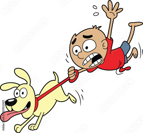 Funny Cartoon Dog Dragging Scared Boy on Leash Chaotic Pet Walking Mishap Humorous Illustration Isolated on White Background