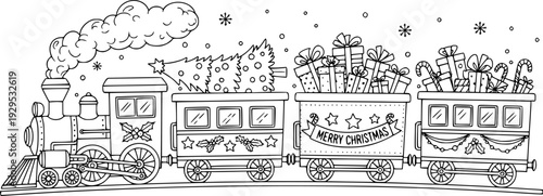 Hand drawn black and white Christmas holiday train with festive decorations and smoking locomotive