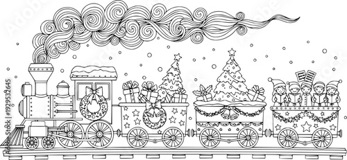 Hand drawn black and white Christmas holiday train with festive decorations and smoking locomotive