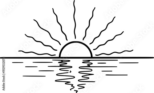 Minimalist hand drawn outline of a radiant sunrise or tranquil sunset over the calm water surface