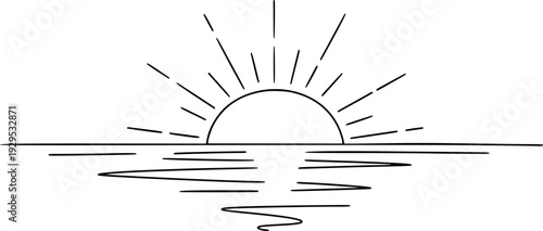 Minimalist hand drawn outline of a radiant sunrise or tranquil sunset over the calm water surface