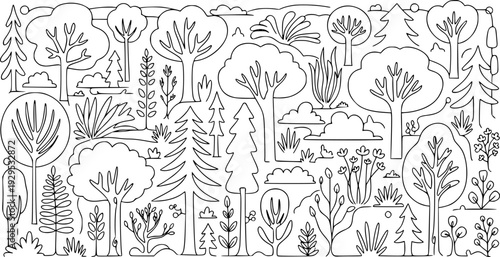 Stylized continuous line drawing depicting a diverse collection of trees and plants forming a harmonious natural landscape, ideal for eco friendly brand visuals and botanical projects.