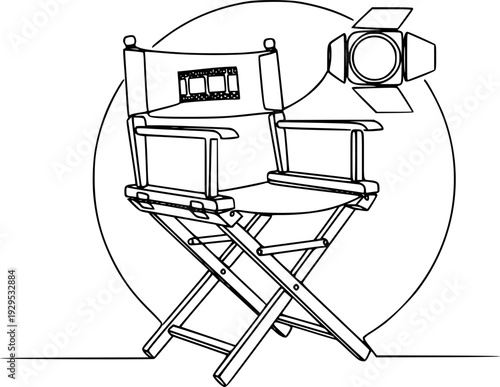 Modern single line style drawing of a classic film director chair symbolizing cinematic creation and storytelling perfect for marketing campaigns, event invitations, and digital media.