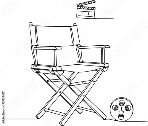 Modern single line style drawing of a classic film director chair symbolizing cinematic creation and storytelling perfect for marketing campaigns, event invitations, and digital media.