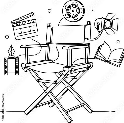 Modern single line style drawing of a classic film director chair symbolizing cinematic creation and storytelling perfect for marketing campaigns, event invitations, and digital media.