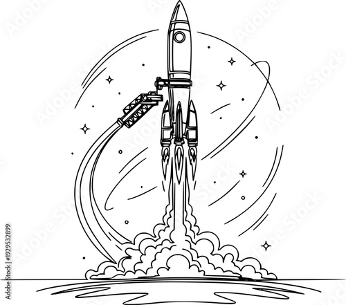 Simple hand drawn space elements featuring a sun, ringed planets, and a rocket, perfect for childrens books, educational