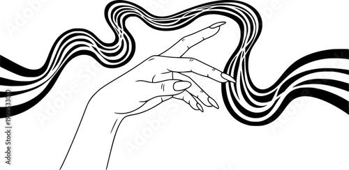 Female hand with polished long nails engaging with a dynamic wavy line, representing intuition, connection, or energy flow