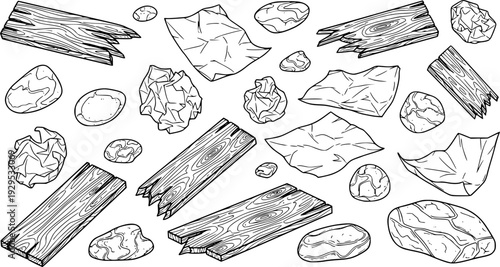 Collection of scattered hand drawn debris including broken wooden planks, crumpled paper pieces, and various shaped stones
