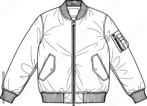 Classic bomber jacket line drawing with detailed zipper and pockets, perfect for fashion design projects, apparel catalogs, or clothing mockups