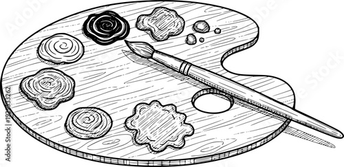 Detailed sketch of a painters wooden palette featuring various blobs of paint and a brush, ideal for educational content, hobby projects, or creative workshop