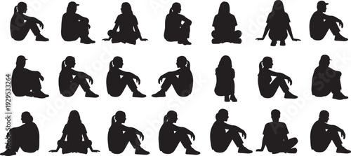 Silhouette illustration of twenty diverse human figures seated in relaxed postures, symbolizing anatomy, lifestyle, community, diversity, inclusion, awareness, and artistic representation concepts.