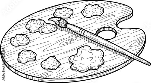 Detailed sketch of a painters wooden palette featuring various blobs of paint and a brush, ideal for educational content, hobby projects, or creative workshop