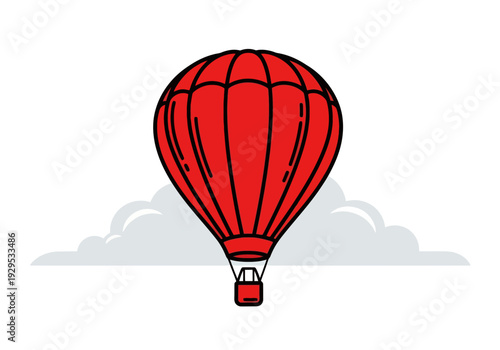 Vibrant Red Hot Air Balloon Ascending Gracefully Above Clouds.