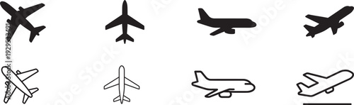 Plane icon set with airplane, flight and travel symbols in modern outline style design.