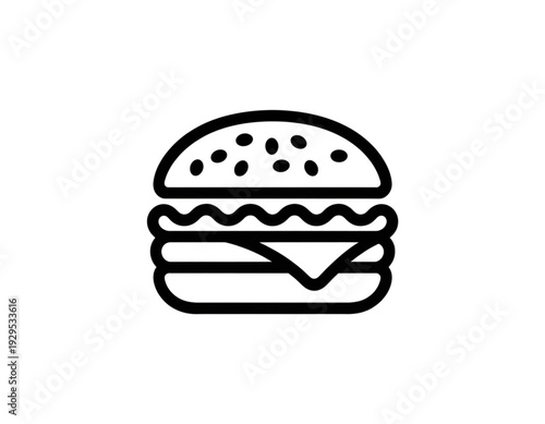 Classic black and white illustration of a simple hamburger with sesame seed bun isolated on transparent background