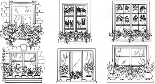 Collection of diverse urban balcony garden windows featuring vibrant flowering plants, fresh herbs, delicious fruits, and various succulents