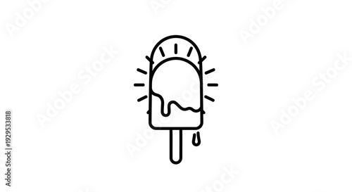 Melting Ice Cream Popsicle Outline Icon with Bright Sun, Summer Day Symbol on Isolated White Background