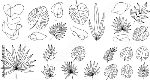 Minimalist one line drawing of an abstract nature element resembling a pine cone or leaf combined with a continuous wavy line perfect for simple decorative graphics