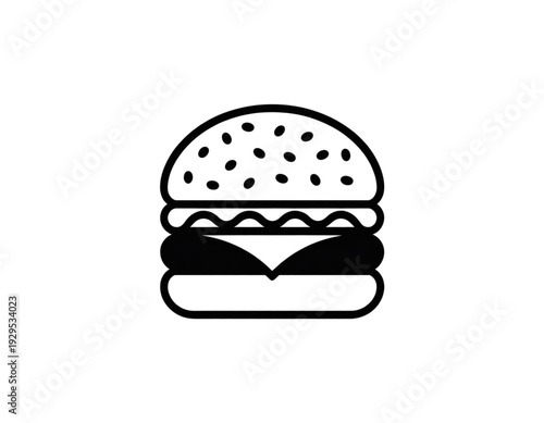A classic black and white illustration of a simple hamburger with sesame seed bun isolated on transparent background