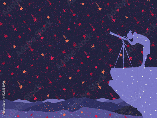 Man and telescope on cliff. Astronomer at night under falling stars