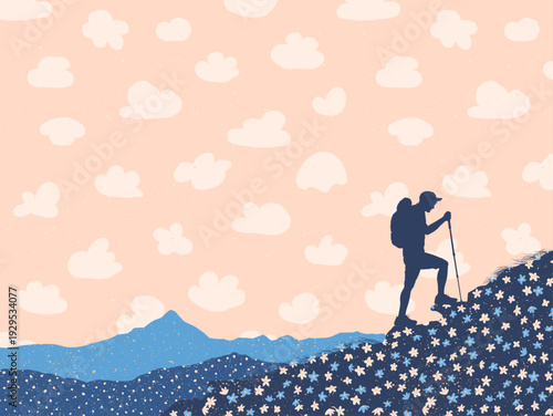 Hiking with trekking poles. Man walks on rocky mountain under clouds